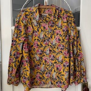 XL Pilcro Anthropology Corduroy Curry Yellow Paisley Print Button Down Blouse